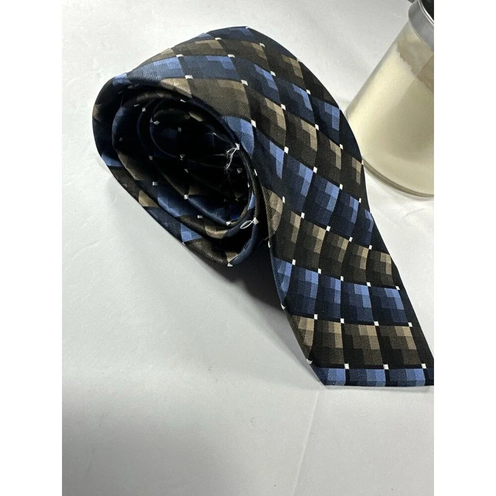 Bugatti Men’s Silk Necktie - Geometric Check/Plaid Pattern - Blue, Brown & Tan